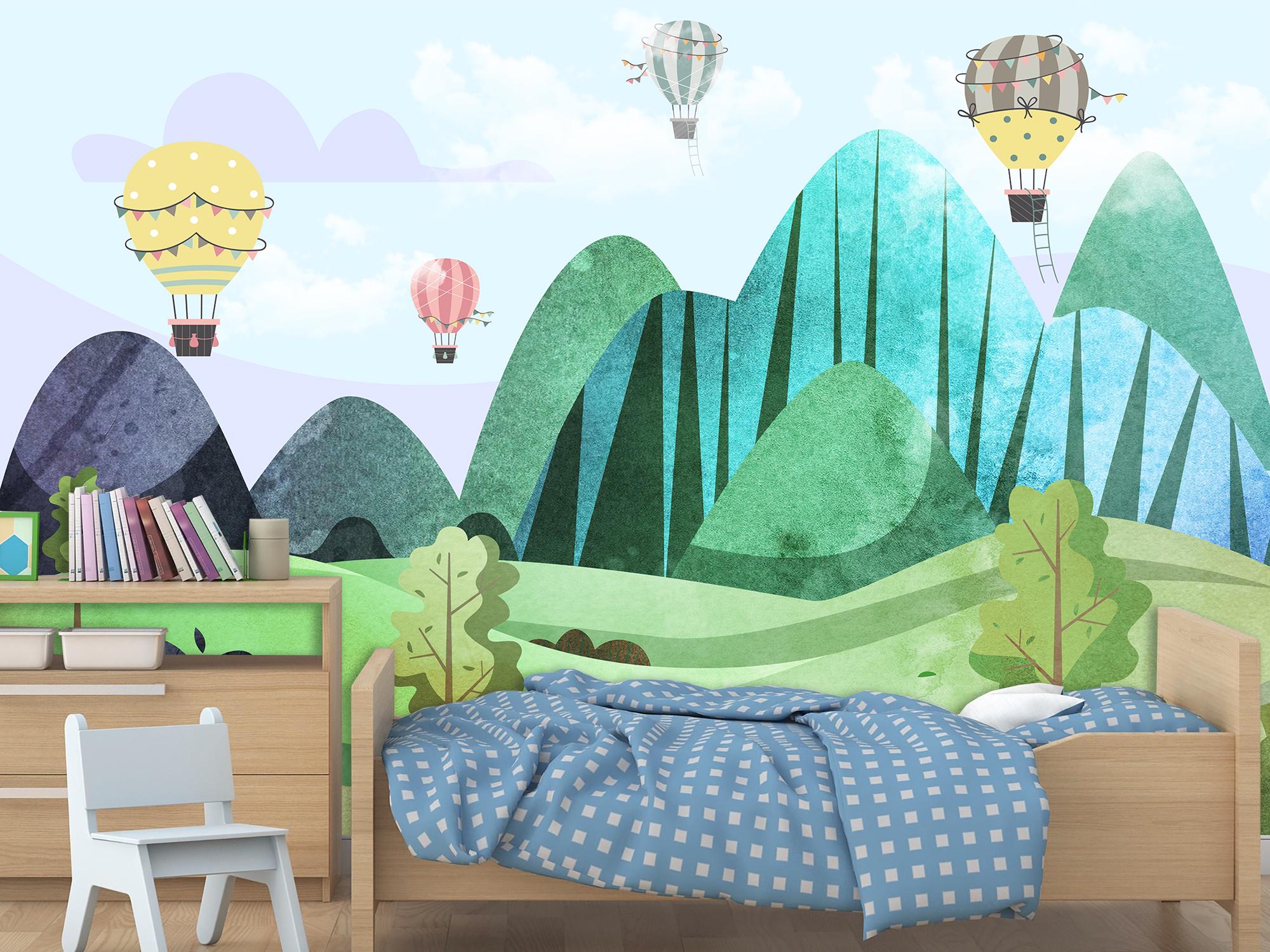 Фотообои флизелиновые для детской комнаты Горный лес с воздушным шаром 120х180 см (S5KID-027/2)