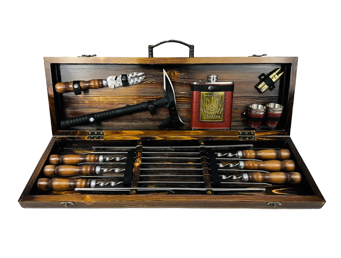 Набір шампурів подарунковий Вікінг у дерев'яному кейсі на 15 предметів (106-10-KS-7902)