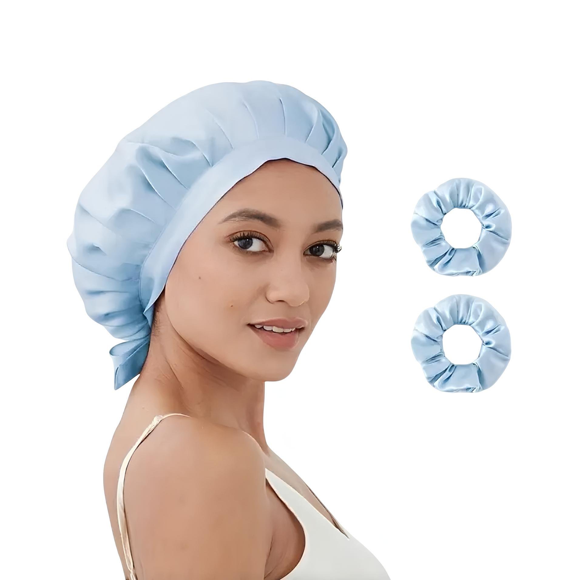 Шапочка для сна шелковая с мулберри и 2 большие шелковые резинки для волос Голубой