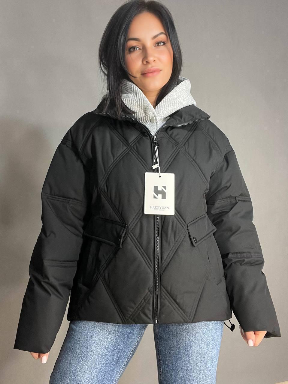 Куртка женская Joy one 552 демисезонная оверсайз трикотажная вставка с капюшоном двойная застежка L Черный (3426) - фото 10