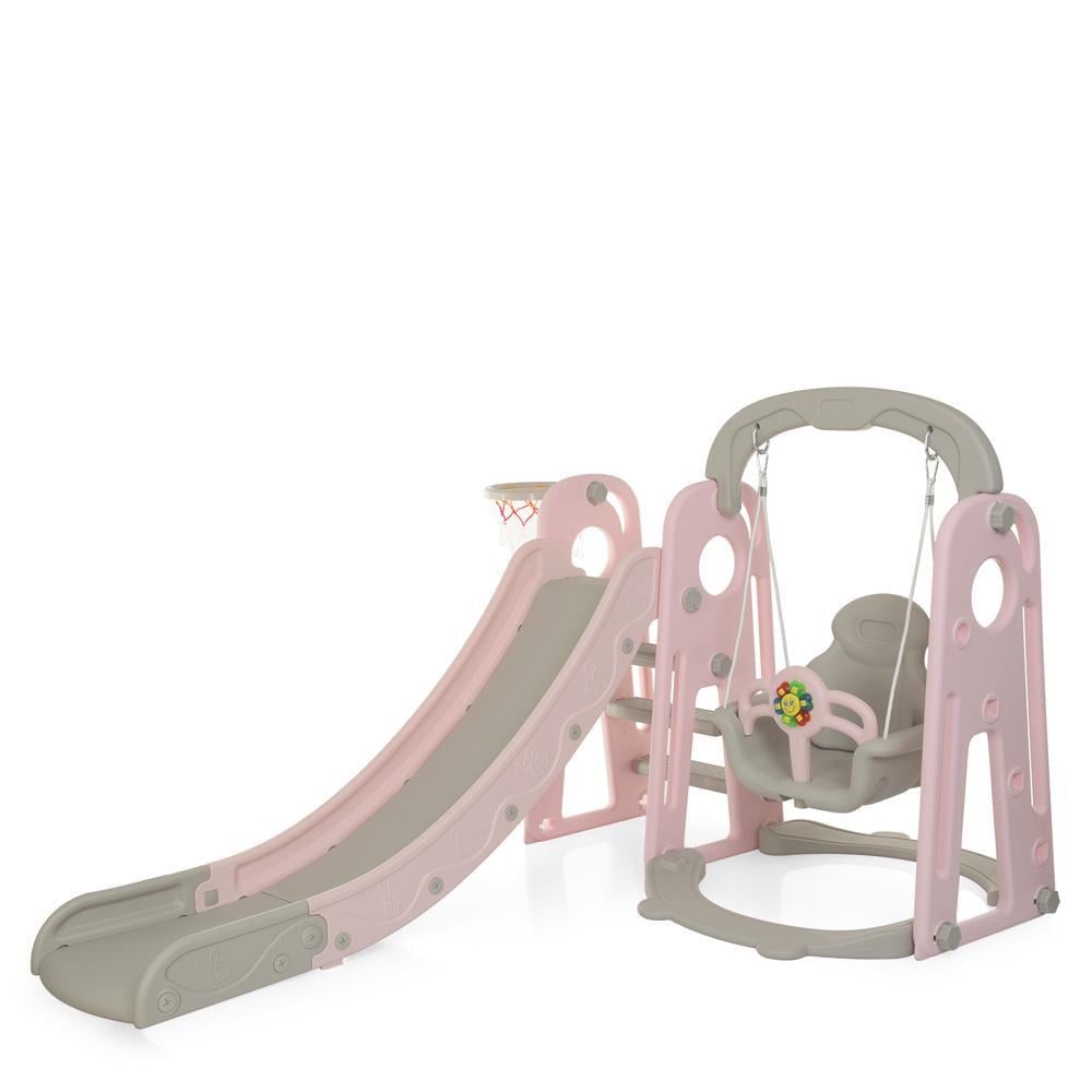 Детский игровой комплекс пластиковый Bambi YG2020-1-8 2в1 горка с качелями и баскетбольным кольцом 195х153х110 см Серо-розовый (150-7-YG2020-1-8)