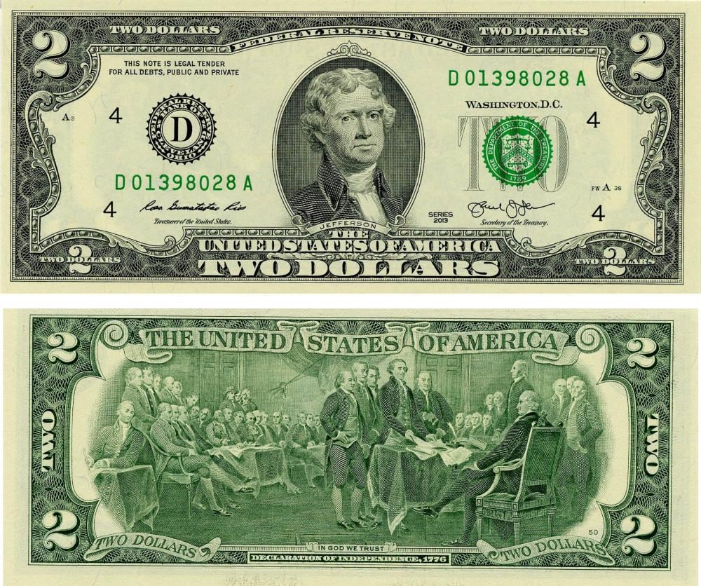 Коллекционная банкнота США 2 доллара 2013 UNC Т. Джефферсон D-Кливленд (P538) Коллекционная банкнота США 2 доллара 2013 UNC Т. Джефферсон D-Кливленд (P538)