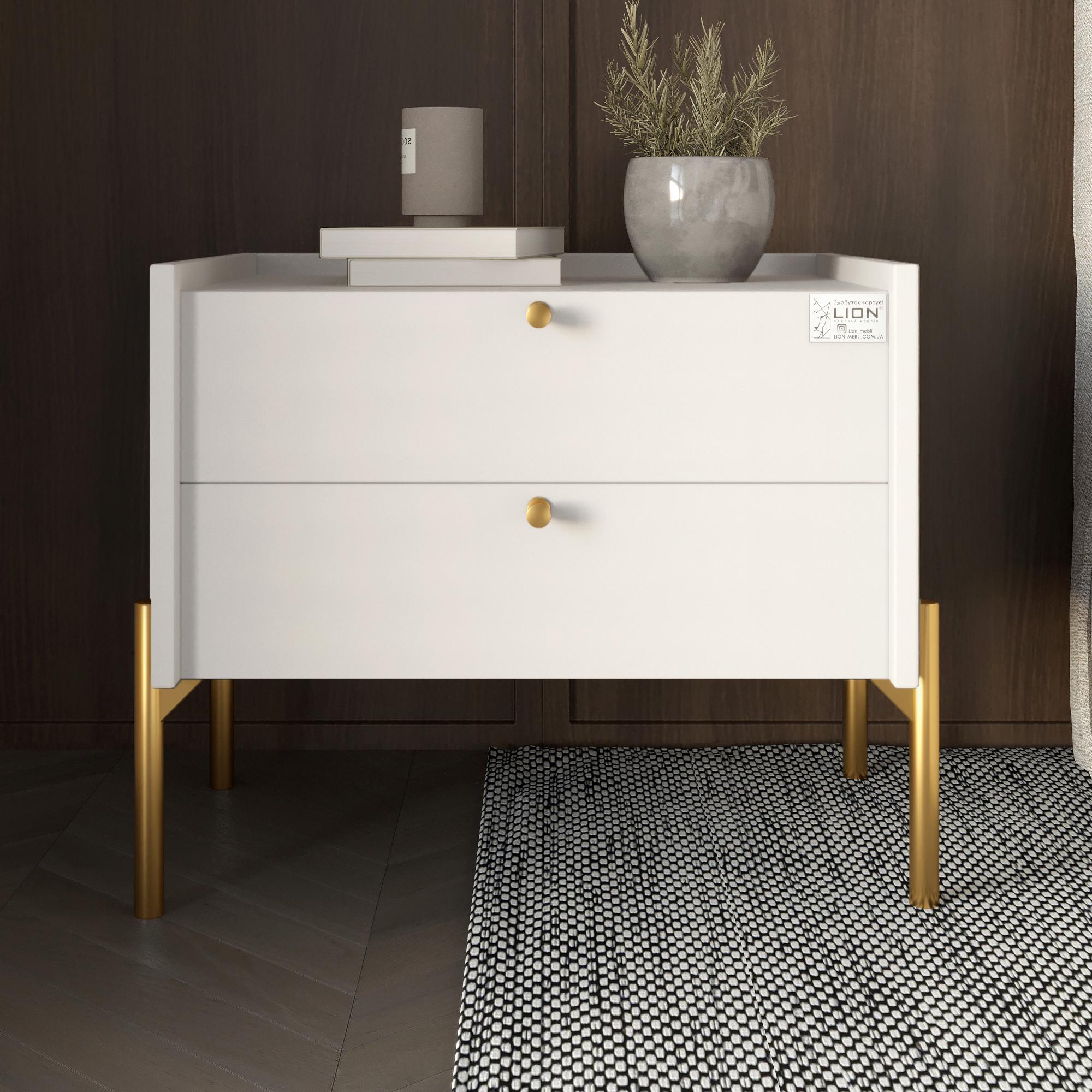 Прикроватная тумба с двумя ящиками Вуд 500x400x440 мм Белый/Золотой