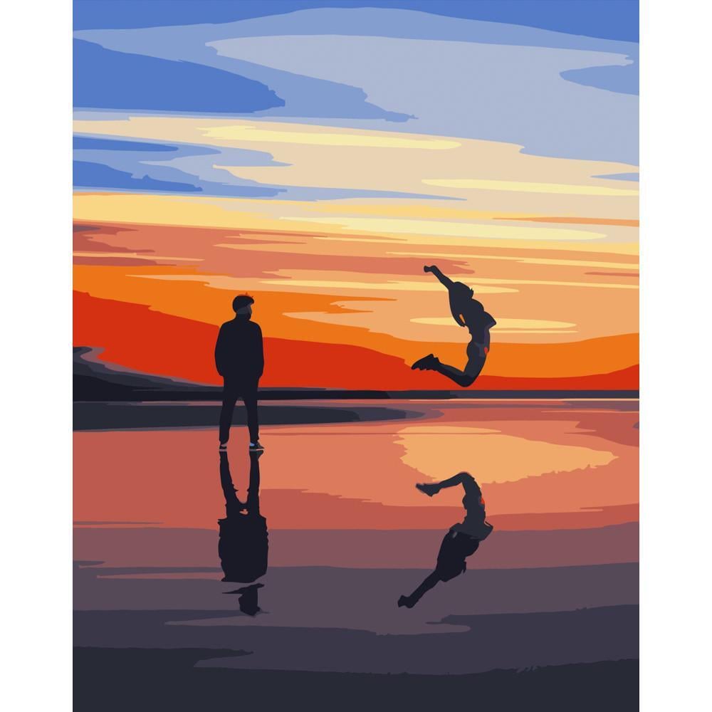 Картина за номерами Strateg Преміум Стрибок до заходу сонця 40х50 см (DY063)