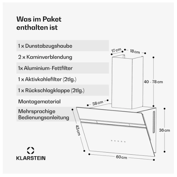 Натяжная вытяжка KLARSTEIN Alina для кухни с подсветкой 60 см 230 Вт 600 м3/ч (10046611) - фото 8