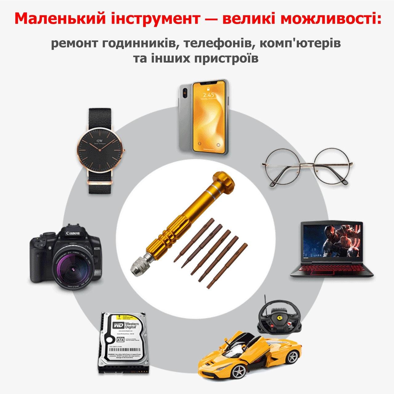 Отвертка прецизионная цанговая 5 намагниченных сменных жал Gold (137756) - фото 7