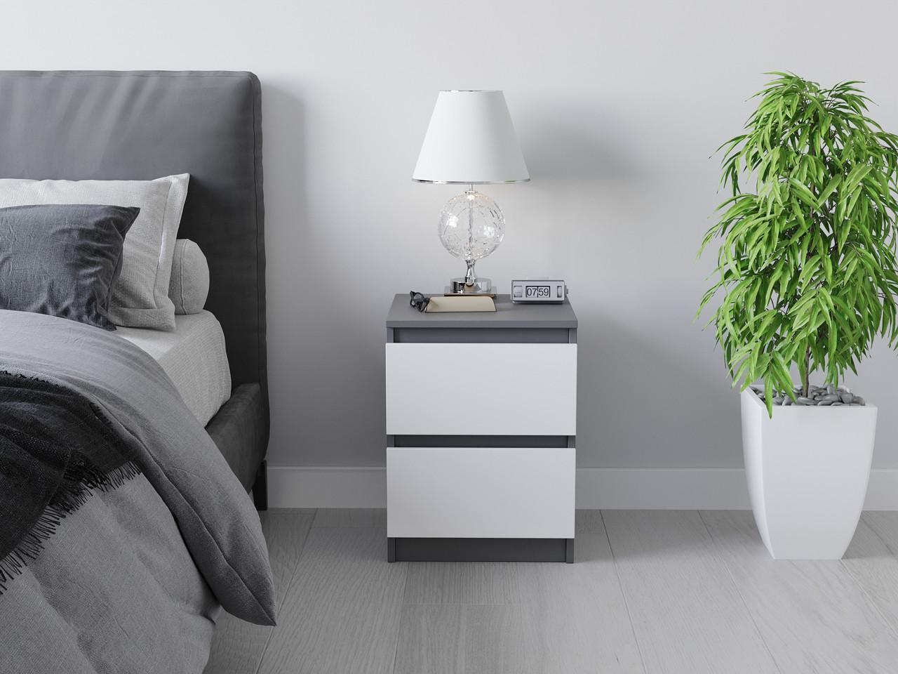 Тумба приліжкова з двома шухлядами та прихованими ручками Антрацит/Білий (Т-225)