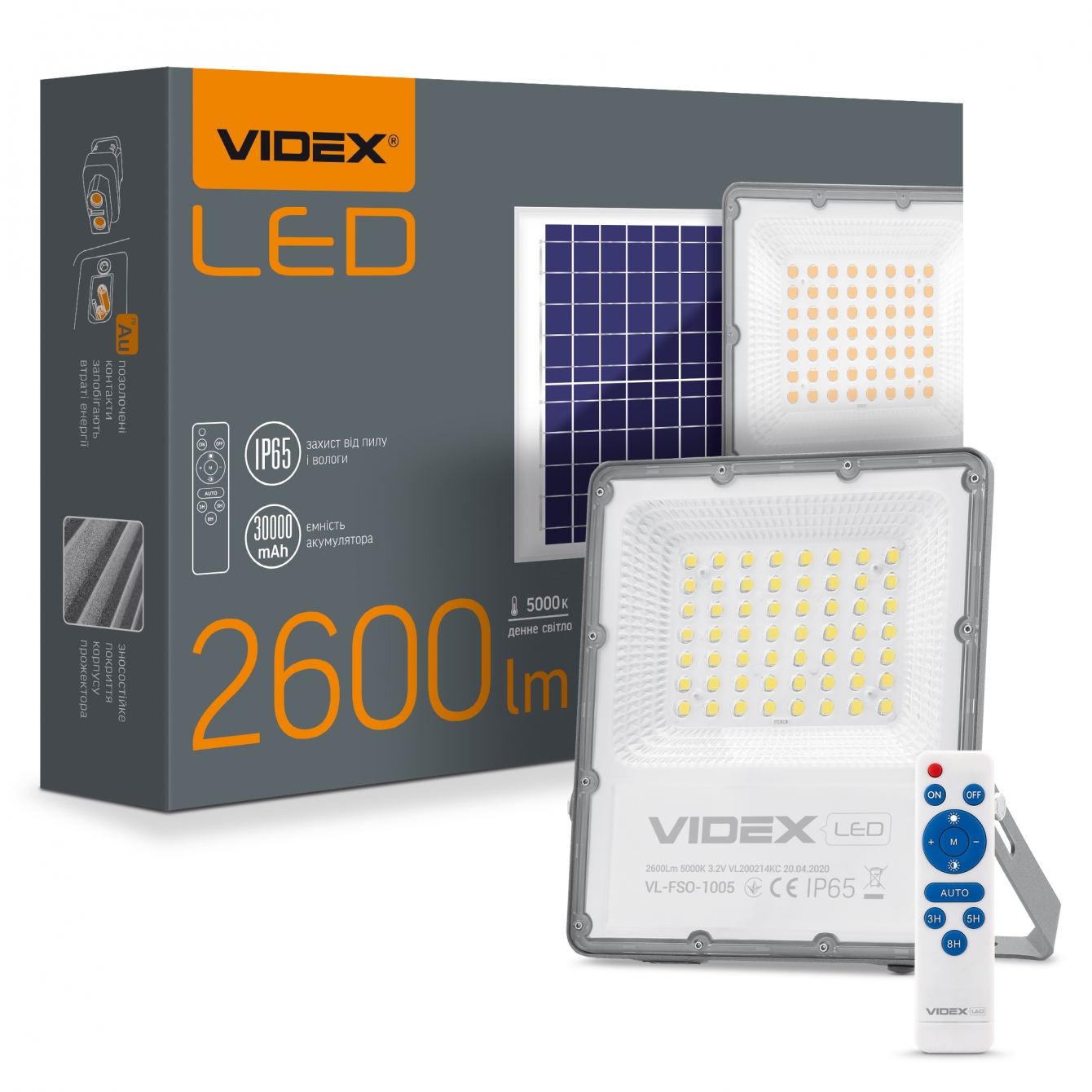 Прожектор с солнечной панелью и аккумулятором Videx LED 30W 5000 К (VL-FSO-1005) - фото 2