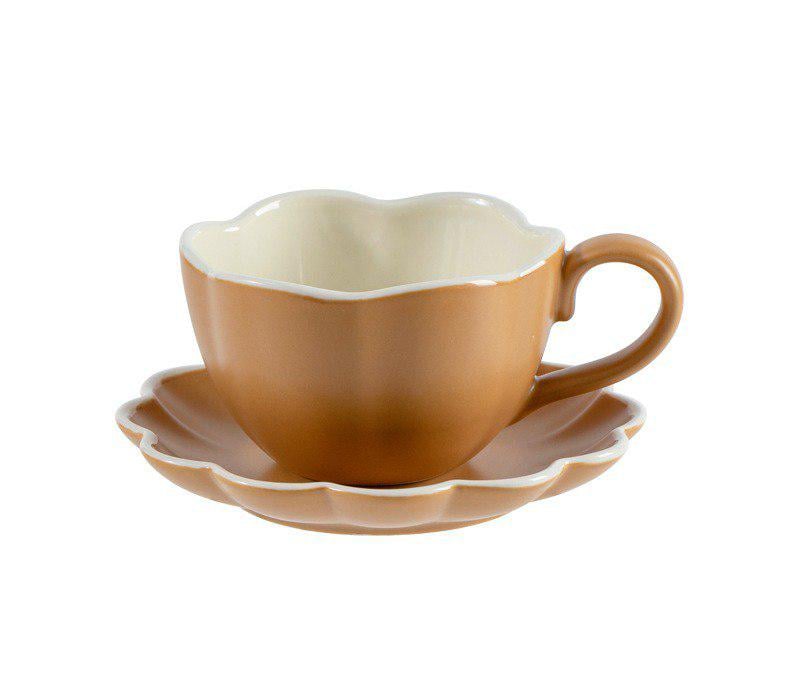 Чашка фарфоровая с блюдцем для кофе и чая 280 мл Карамельный