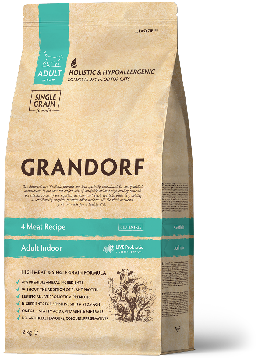 Корм для взрослых кошек Grandorf 4 Meat Indoor с 4 видами мяса 2 кг (83702)