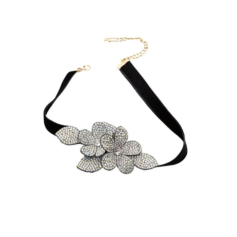 Чокер з об'ємними 3D-квітами зі стразами Сріблястий з чорним (3000004185)