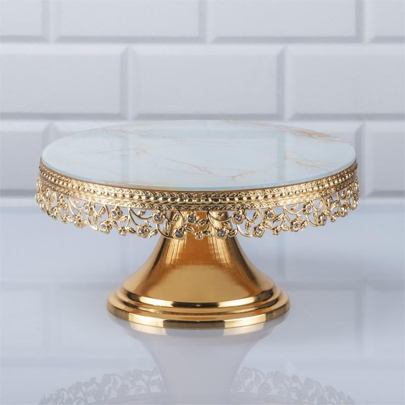 Блюдо тортовница на ножке металлическая с зеркальной основой 30 см Золотой (C83A)
