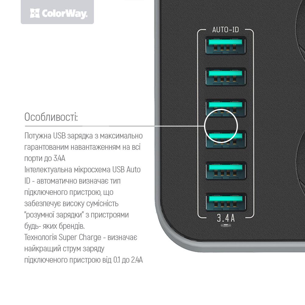 Фильтр-удлинитель сетевой СolorWay 3 розетки/6 USB Black (CW-CHE36B) - фото 6