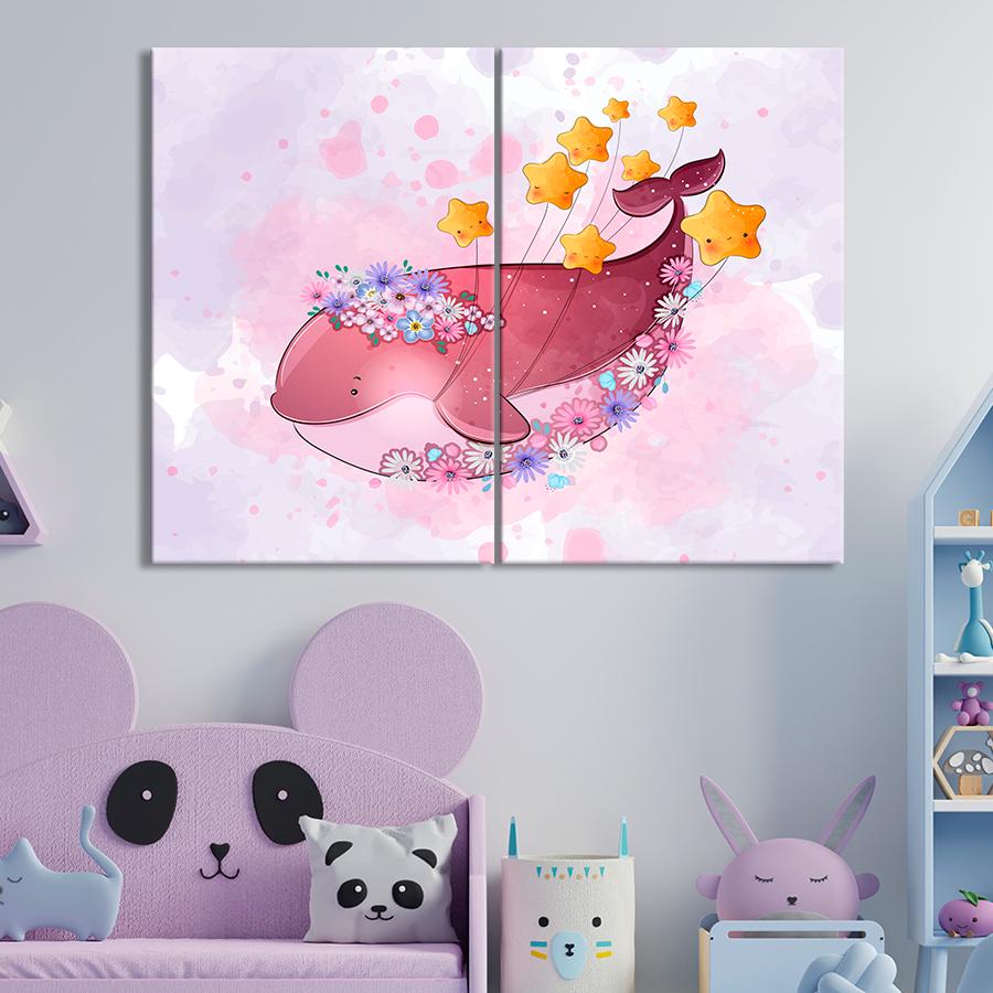 Картина в детскую комнату Розовый кит на белом фоне 165x122 см (A1378-2)