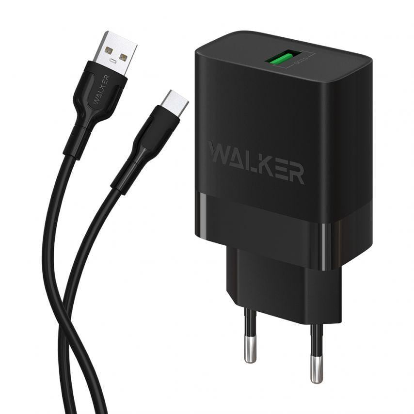 Адаптер Walker 1USB/QC3,0/3A/18 W/Data Cable USB to Type-C Black (WH-35)