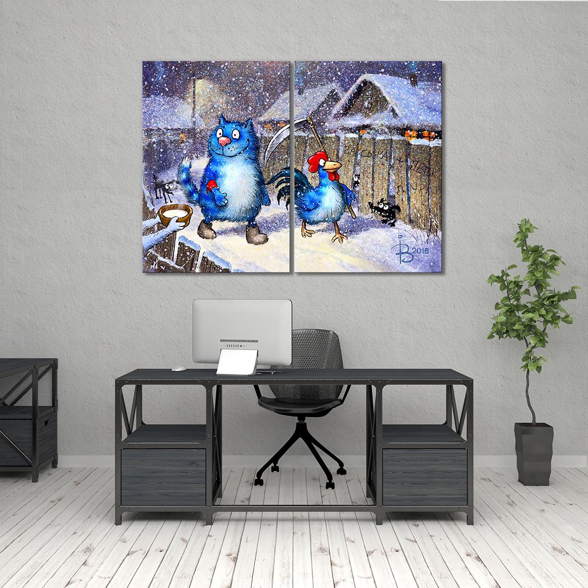 Модульная картина Кот и Петух дежурят в Новогоднюю ночь 2 модуля 60x90 см