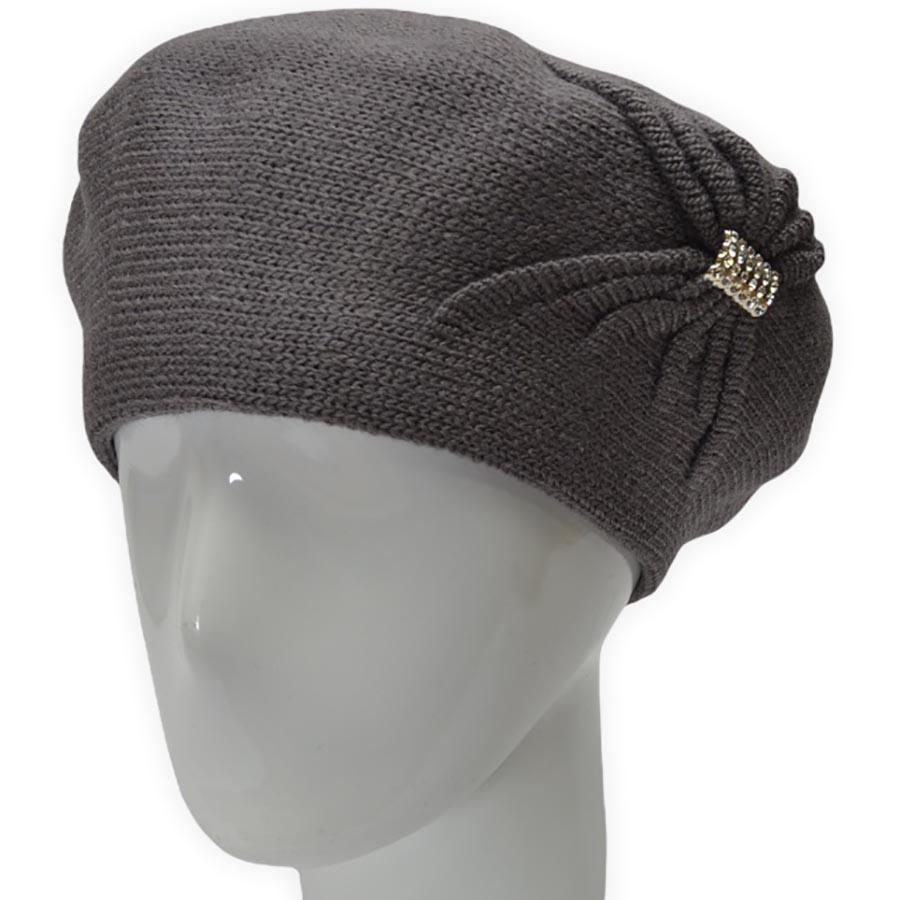Берет женский Lirus Бонжур из шерсти двойной с узором сбоку и брошью Темно-серый