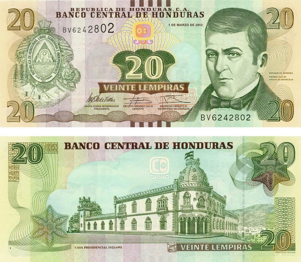 Колекційна банкнота Гондурас 20 лемпір 2012 UNC P100 (Б06603)