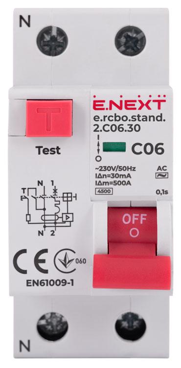 Диференційний вимикач E.NEXT e.rcbo.stand.2.C06.30 1P+N 6А 30мА С тип АС (s034101) - фото 2