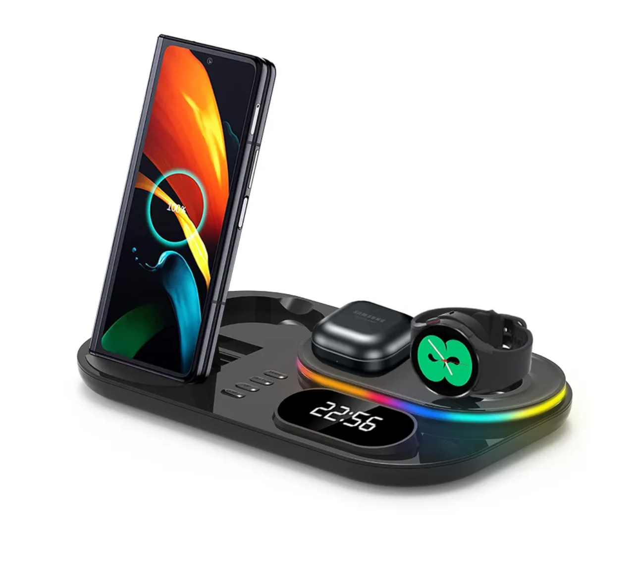 Док-станция с часами QINETIQ S6 LED Clock RGB 30 W 3in1 для Samsung/GalaxyBuds/Galaxy Watch 1-6 series (2026927508)