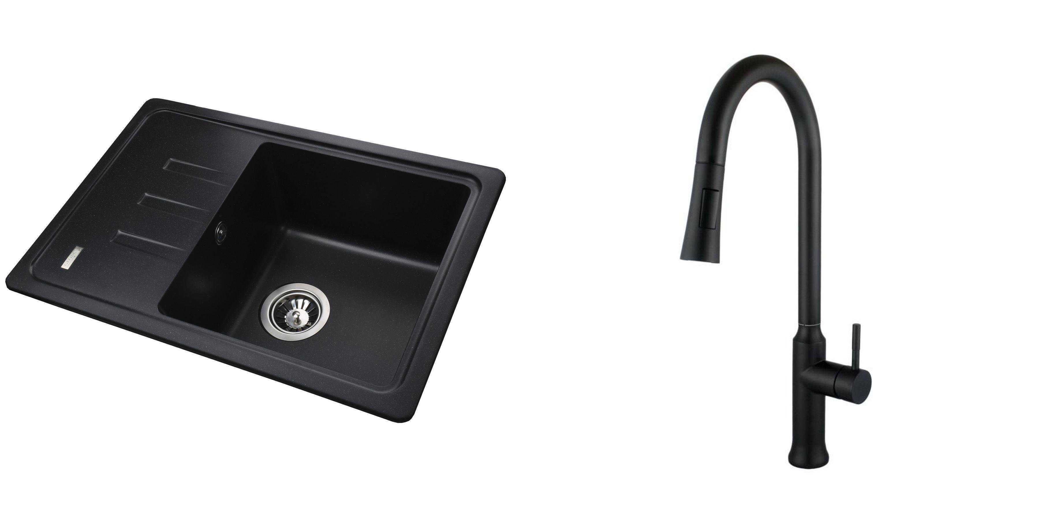 Мойка для кухни GLux Black Perl гранитная со смесителем с вытяжной лейкой 62х43х5 см Черный (785241)