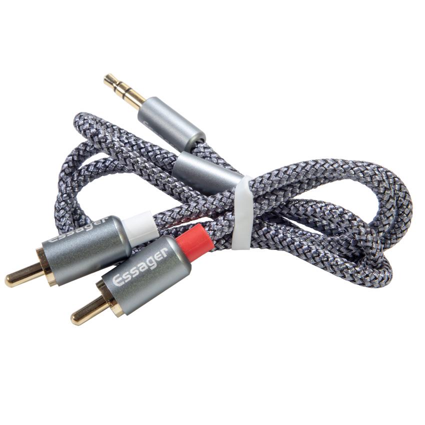 Кабель Essager экранированный Jack 3,5 мм 2 RCA 0,5 м Silver - фото 3