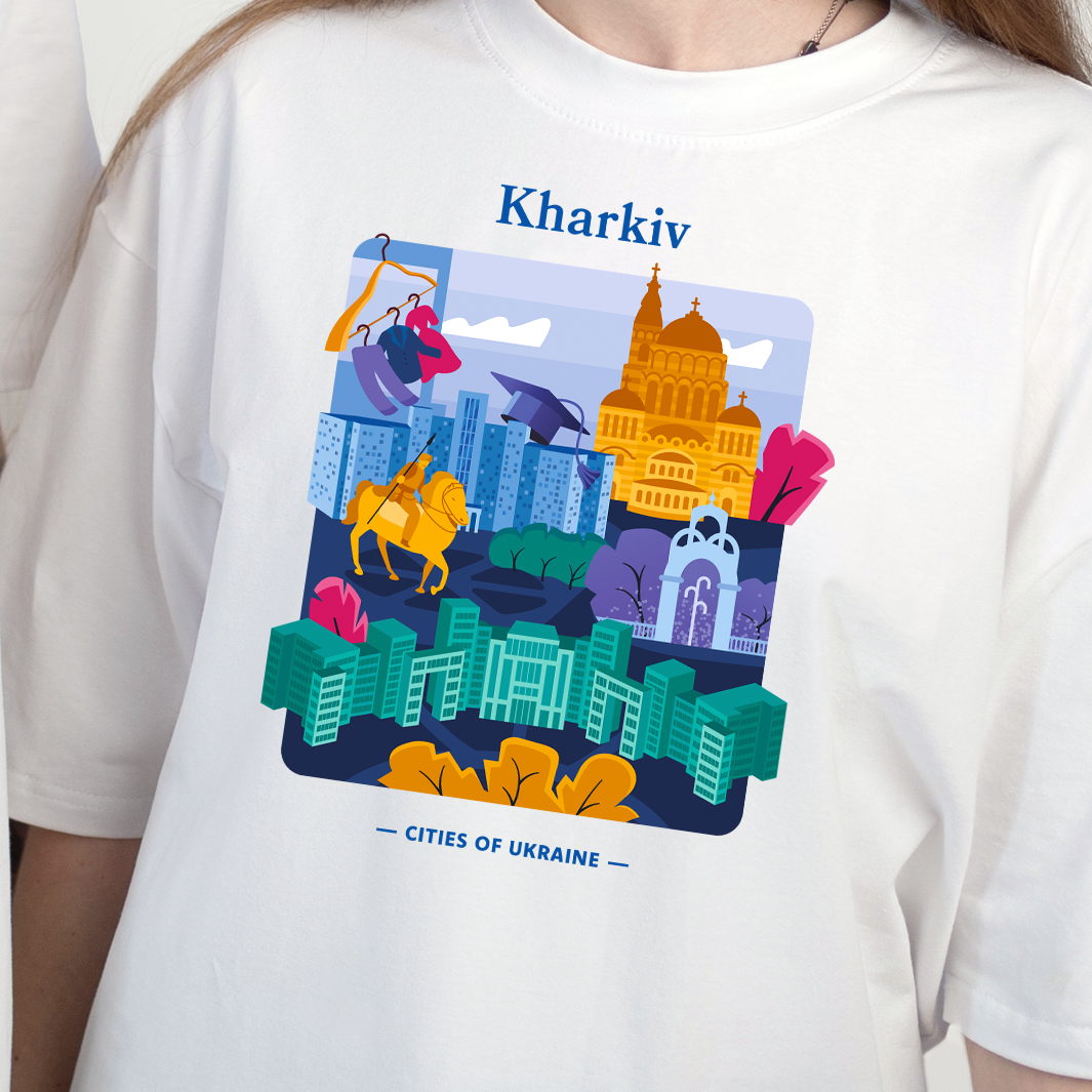 Футболка жіноча Малюнки з патріотичним авторським принтом Харків оверсайз M Білий (FFHK01M) - фото 4 Футболка жіноча Малюнки з патріотичним авторським принтом Харків оверсайз M Білий (FFHK01M) - фото 4