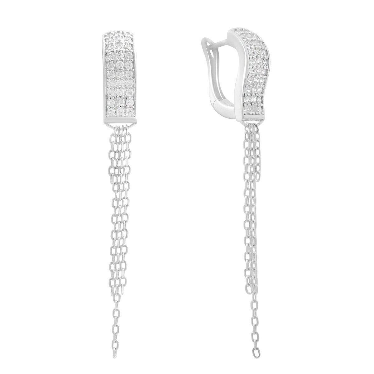 Серебряные серьги-цепочки с фианитами Серебряные серьги-цепочки с фианитами