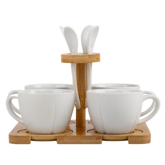 Набор кружок с ложками Elisey Английское чаепитие на бамбуковой подставке 200 мл 13 пр. Белый (135-81-4004-002)