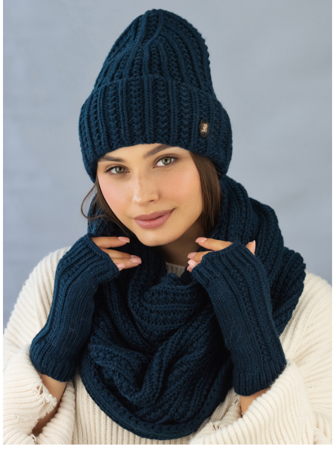 Комплект шапка со снудом и митенками женский Braxton Юна Джинсовый (784W) - фото 1 Комплект шапка со снудом и митенками женский Braxton Юна Джинсовый (784W) - фото 1
