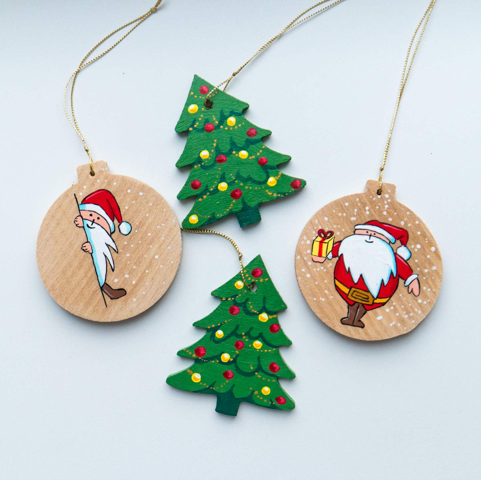 Набір новорічних дерев'яних іграшок для ялинки ручної роботи 4 шт. (yan-4-5)