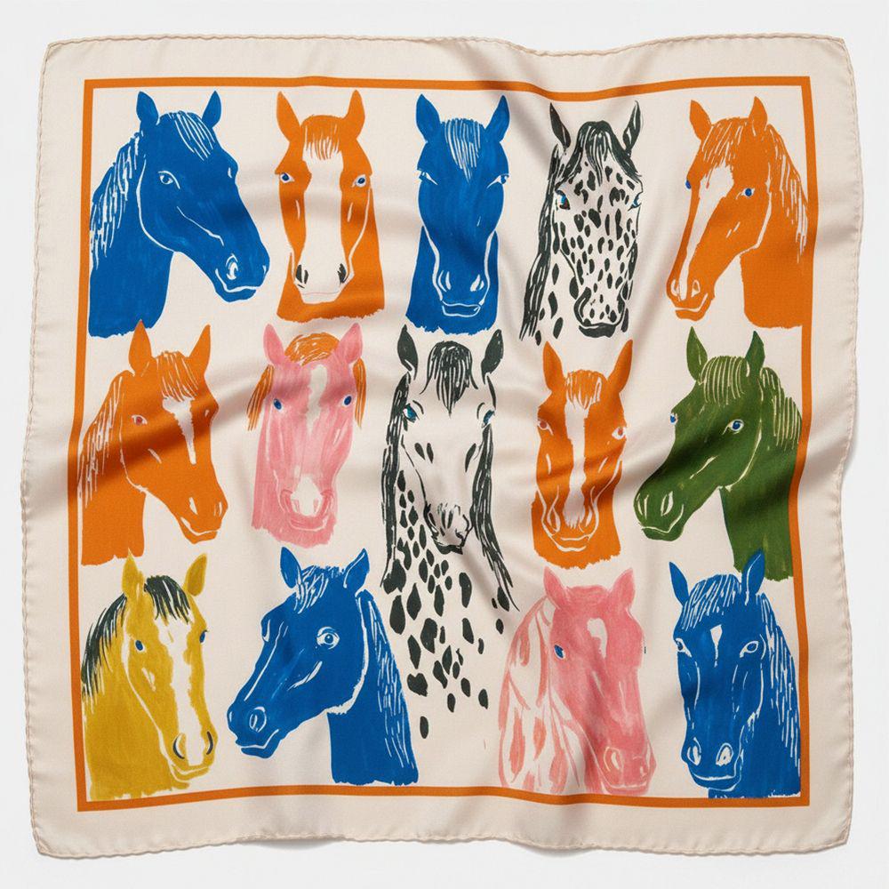 Платок шелковый Разноцветные лошади 68х68 см (HUST_25M053)