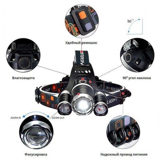 Налобний світлодіодний ліхтар HeadLamp з акумулятором та трьома головками (305) - фото 8