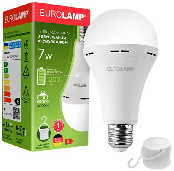 Світлодіодна лампа з акумулятором Eurolamp A60 7W 4000K 1200 mAh E27 (LED-A60-07274(EM)AV)