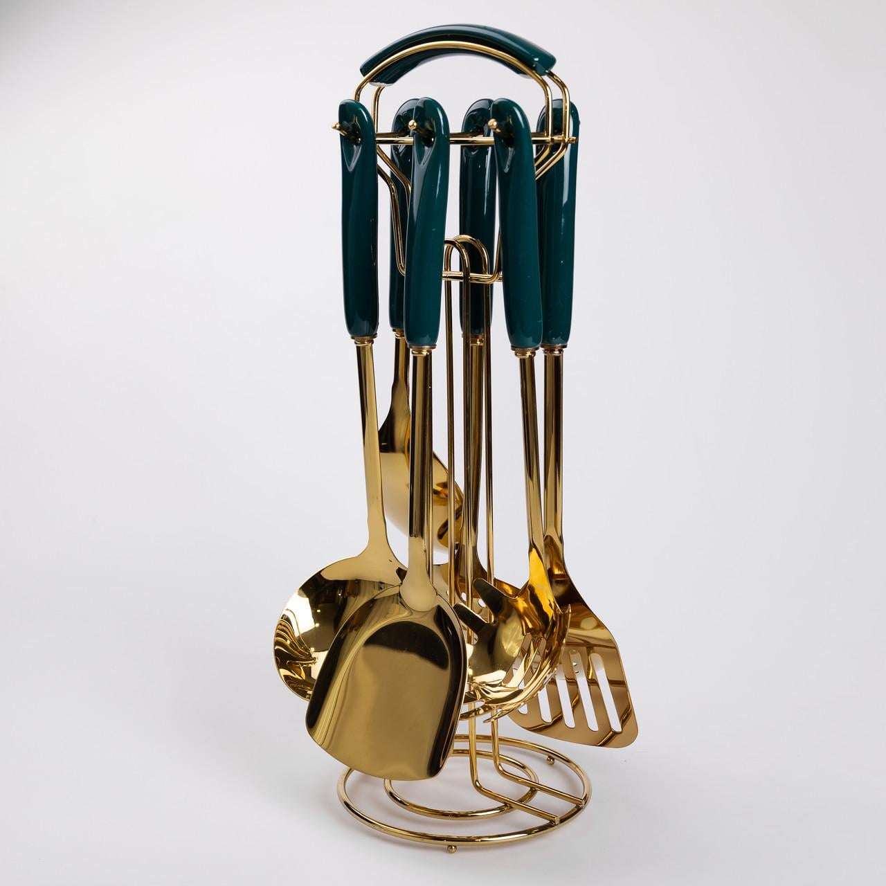 Набір кухонних приладів із нержавіючої сталі на підставці 6 шт. Золото з зеленим