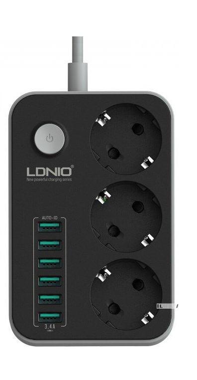 Подовжувач LDNIO з вимикачем та заземленням 6 USB/3 євро вилки 10А 1,6 м Black/White (SE3631)