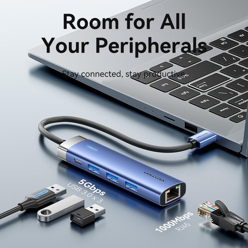 USB-хаб Vention USB-3x USB 3.0/5 Гбіт/с RJ45 1 Гбіт/с Type-C USB-A Синій (TGFSB) - фото 5