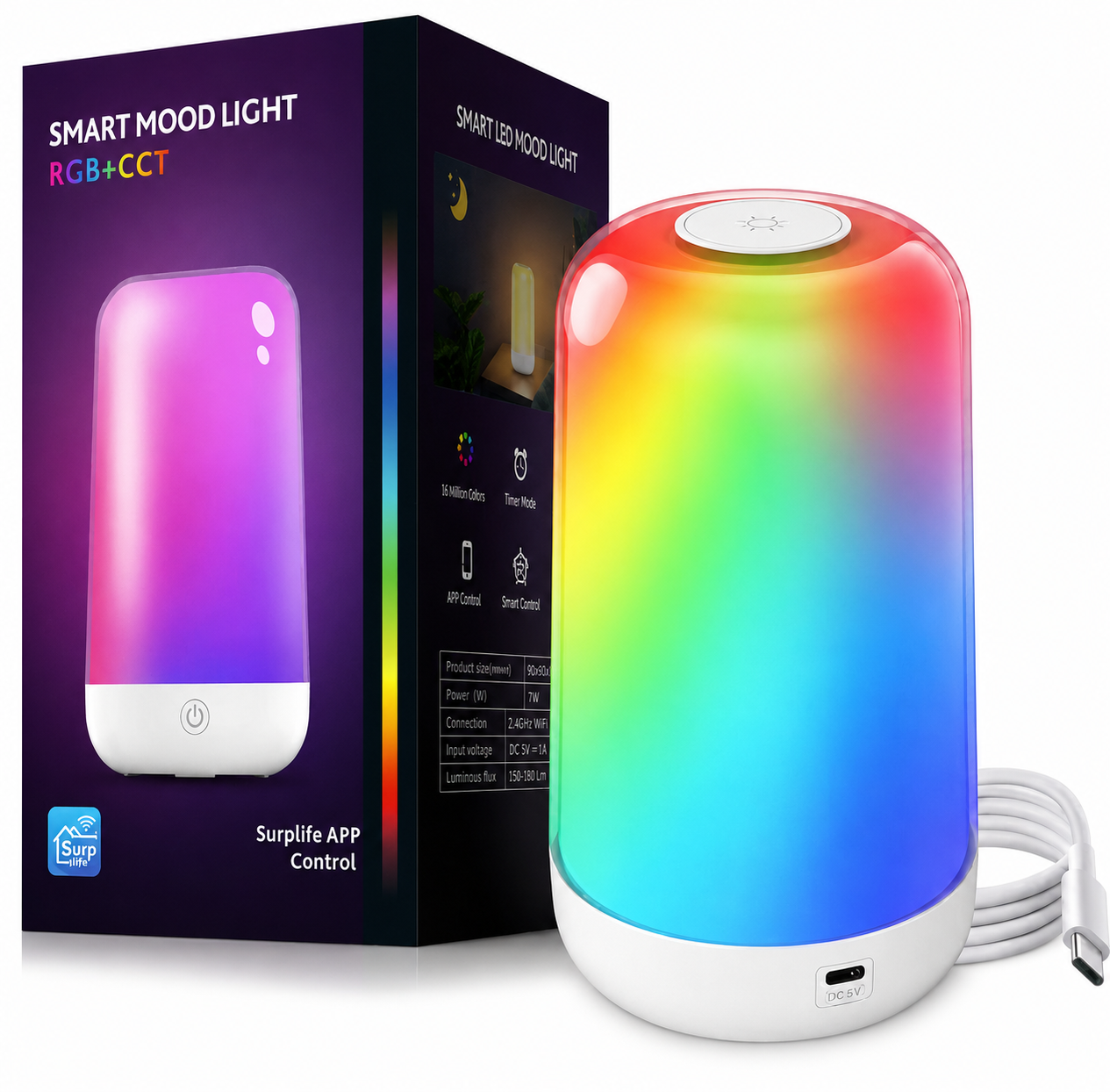 Настольная смарт-лампа RGB с аккумулятором Bluetooth/Wi-Fi приложением/таймером и регулировкой белого света (2700-6500K)
