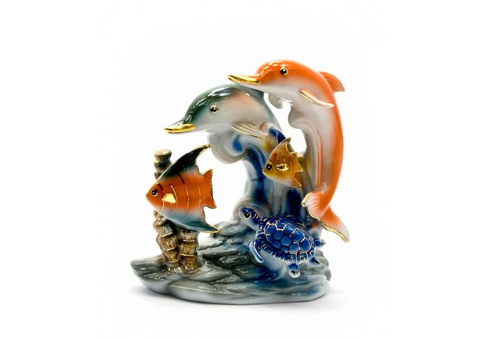 Статуетка дельфіни з рибами порцеляна 13х12,5х7 см