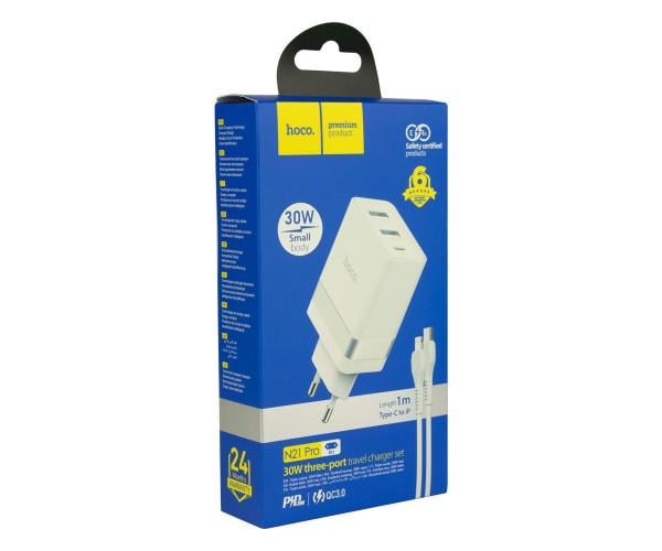 Устройство зарядное сетевое Hoco N21 Pro Type-C PD 30W 2USB QC3.0 cable Type-C to Lightning White - фото 2 Устройство зарядное сетевое Hoco N21 Pro Type-C PD 30W 2USB QC3.0 cable Type-C to Lightning White - фото 2