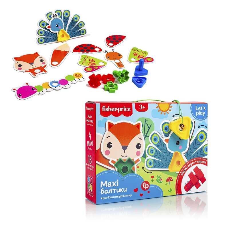 Игра конструктор Vladi Toys Fisher-Price MAXI Болтики 13 двухсторонних карточек 4 болтика 4 гаечки 26,7x6x20 см (115588)