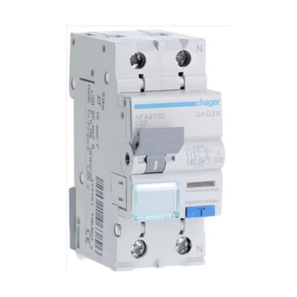 Дифавтомат Hager 2 полюса 6kA тип C 20A 300mA тип A AFA970D (74348)
