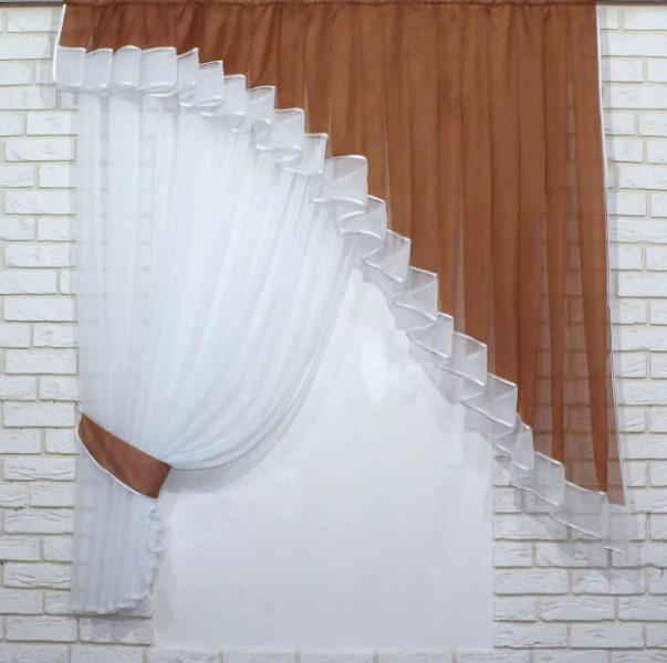 Комплект штор на кухню/балкон тюль/ламбрекен шифон 150х170 см Коричневый/Белый (062к)