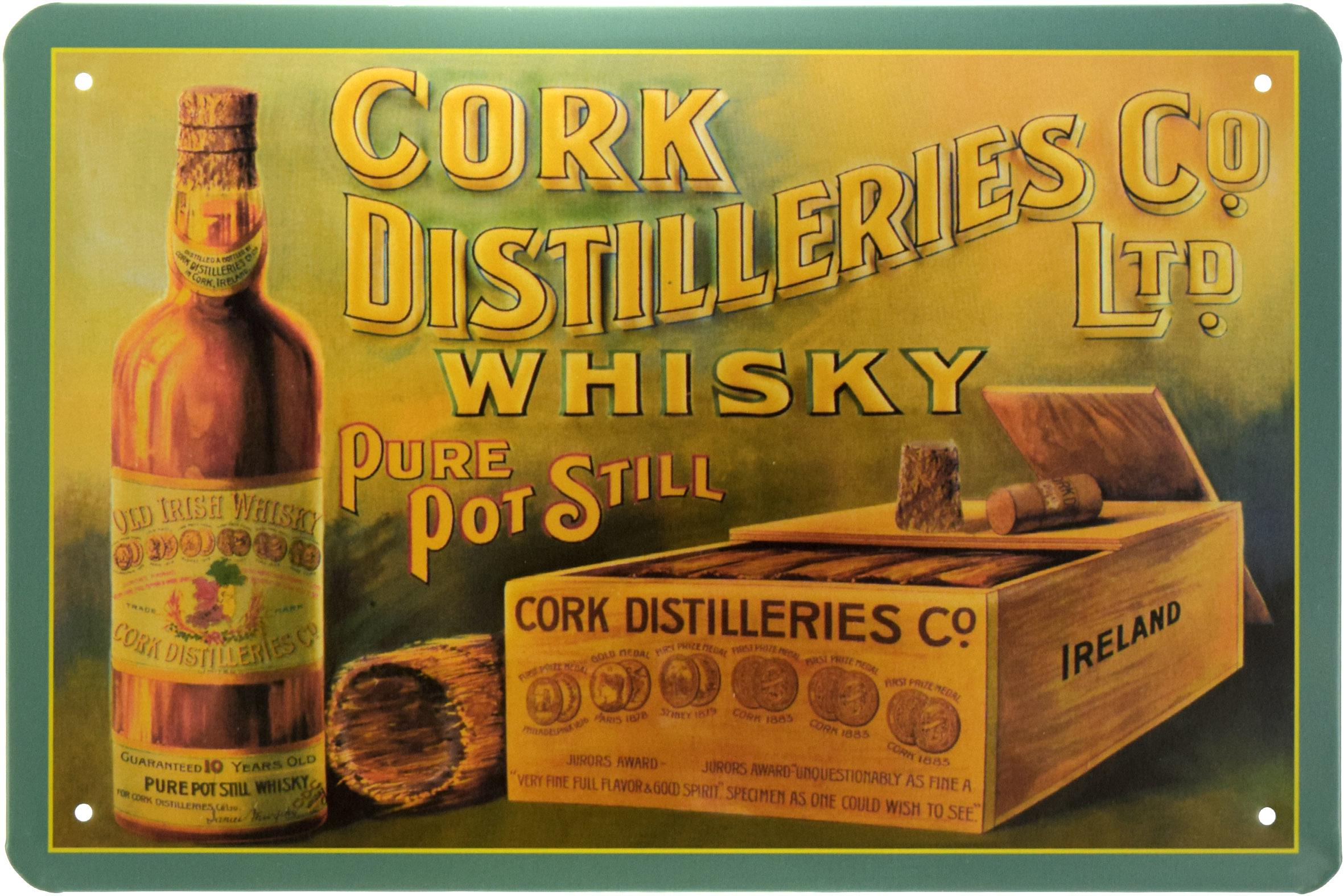 Табличка металлическая Чистый Виски Из Перегонного Куба/Cork Distillers Company Whisky Pure Pot Still 20x30 см