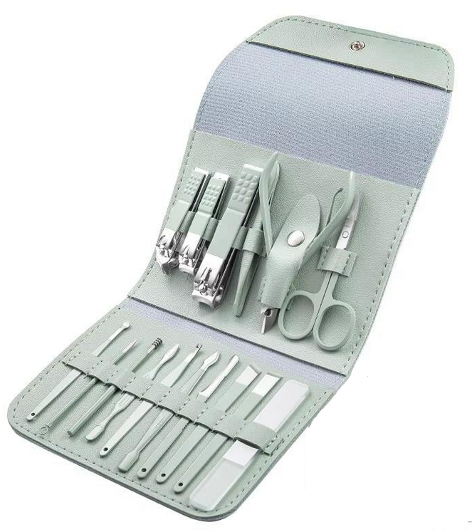 Набір інструментів для манікюру та педикюру універсальний 16 шт. Зелений