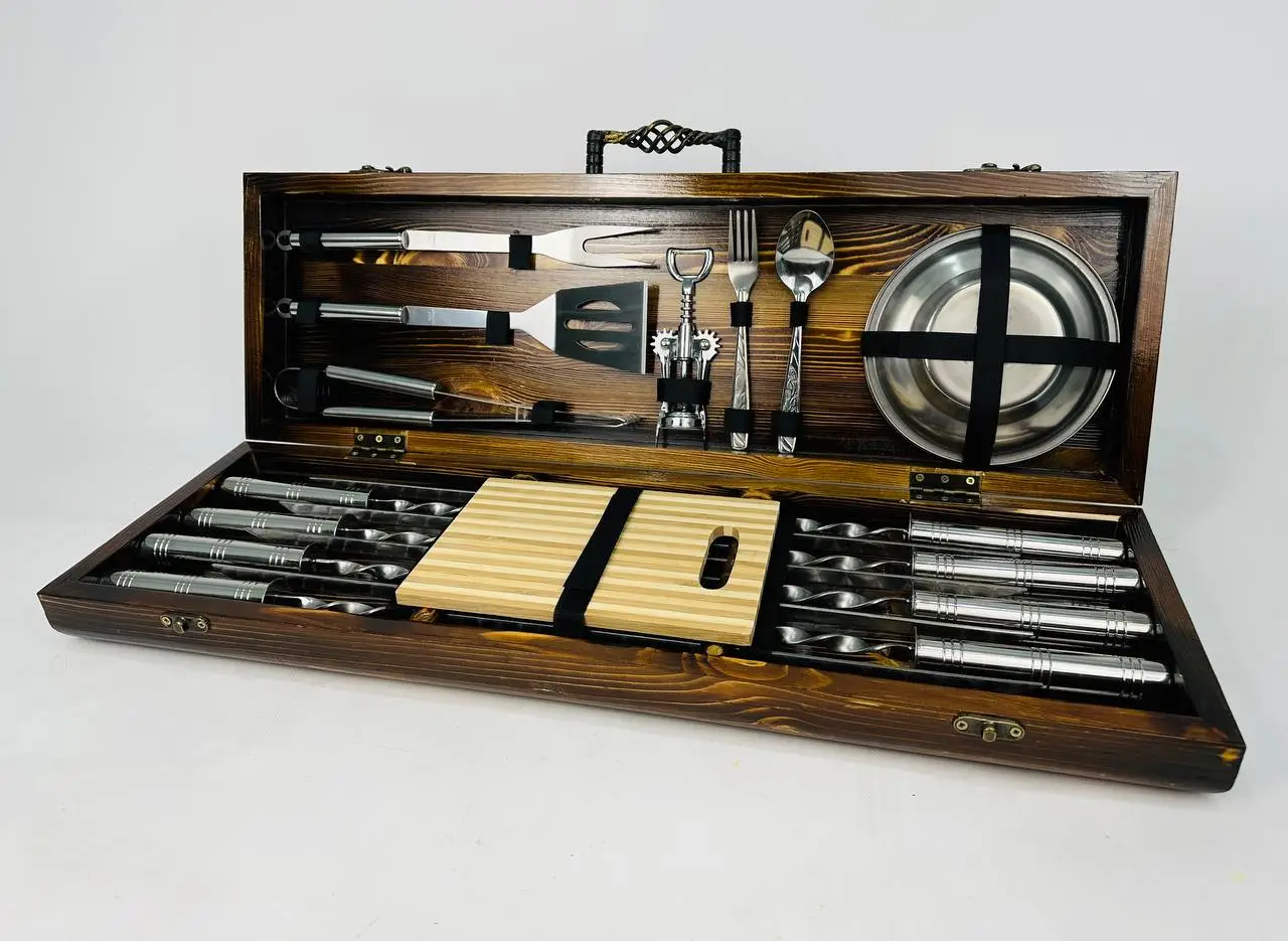 Набір шампурів в кейсі BBQ LUX дерев'яний люксовий ящик з нержавіючої сталі (2-10-KS-7807) - фото 5 Набір шампурів в кейсі BBQ LUX дерев'яний люксовий ящик з нержавіючої сталі (2-10-KS-7807) - фото 5