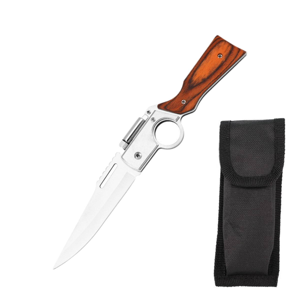 Нож складной AKKnife с деревянной ручкой/подсветкой/кнопочным замком и чехлом для хранения (2651)