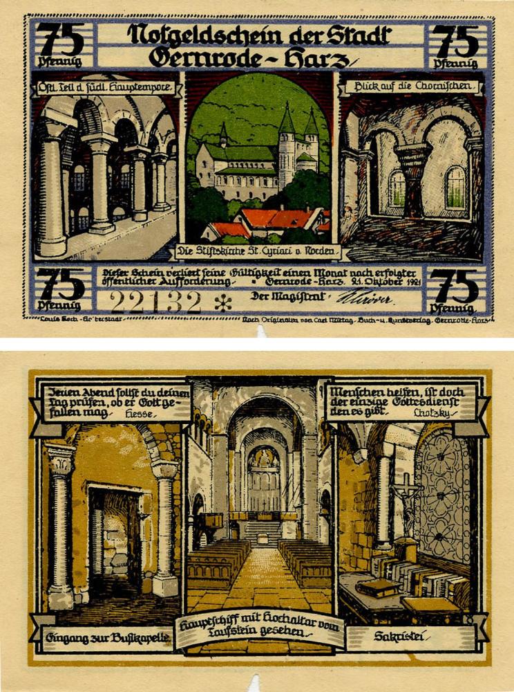 Коллекционная банкнота Германия Нотгельд 75 пфеннигов 1921 F-VF Гернроде Разновидность 2 (Б18613)