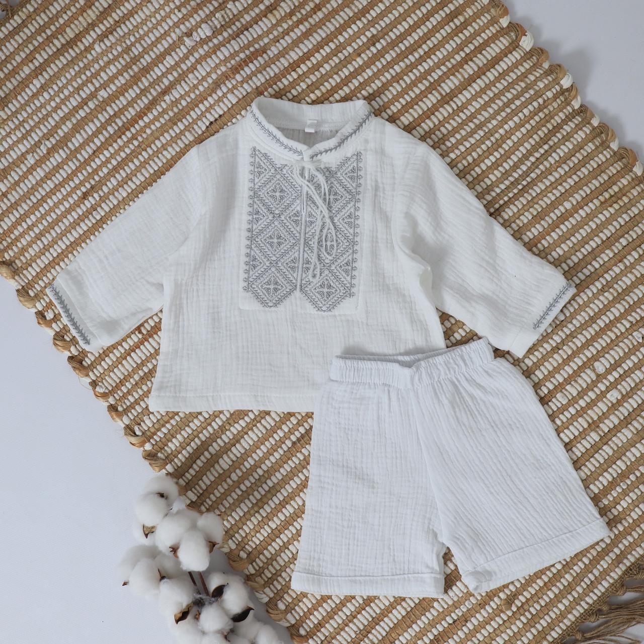 Одежда для крещения для мальчика муслиновая с вышивкой рубашка/шорты Белая (1854757545) - фото 4
