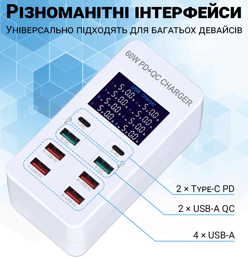 Пристрій зарядний Addap WLX-A8T на 8 роз'ємів 2 Type-C/6 USB-A із підтримкою PD 3.0 та QC 3.0 швидкої зарядки - фото 5